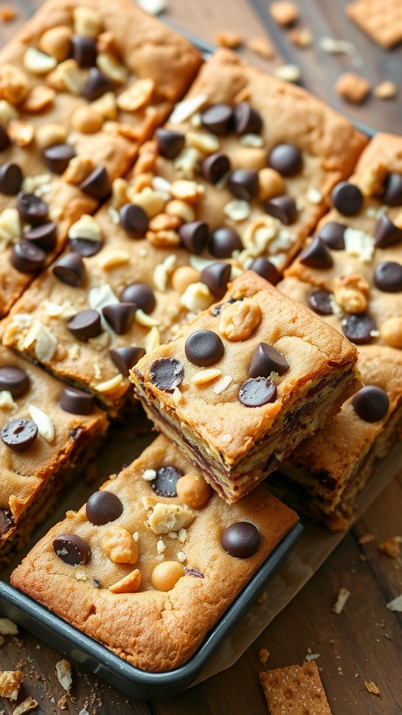 A tray of 7-layer cookie bars with layers of chocolate, coconut, and nuts, cut into squares on a rustic wooden table.